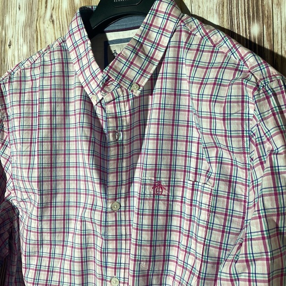 An Original Penguin Button Shirt Men's Pink Plaid Long Sleeve 100% Cotton XL - Picture 3 of 11